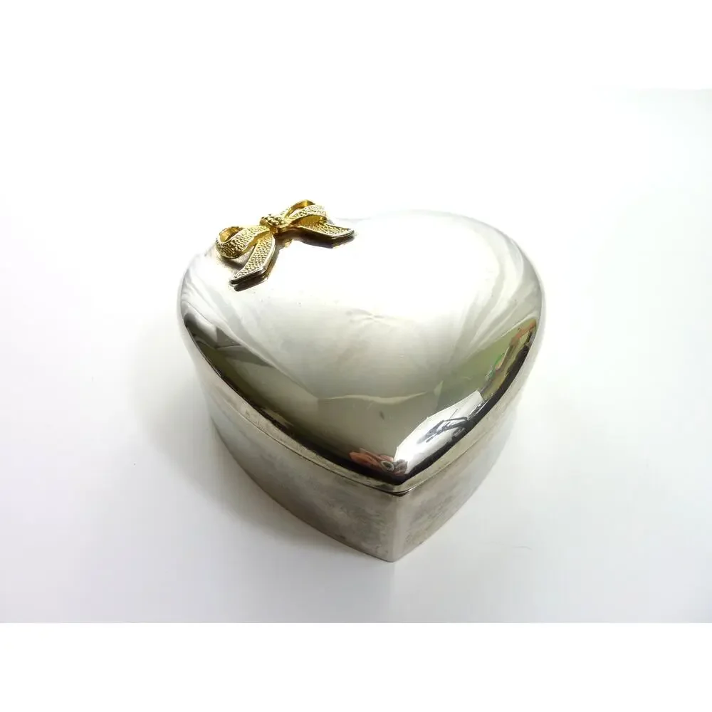 Valentine Steel silver Trinket Jewelry candy Heart Shaped Box with Metal Bow